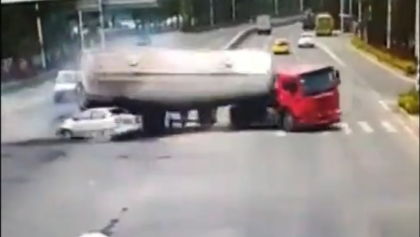 Cement Truck Overturns And Crushing Car Like A Tin Can